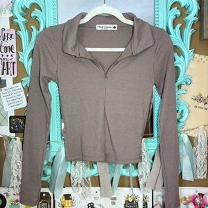 Cloud Dancer Long Sleeve Ribbed Quarter Zip Fitted Brown Top Women’s Size Small
